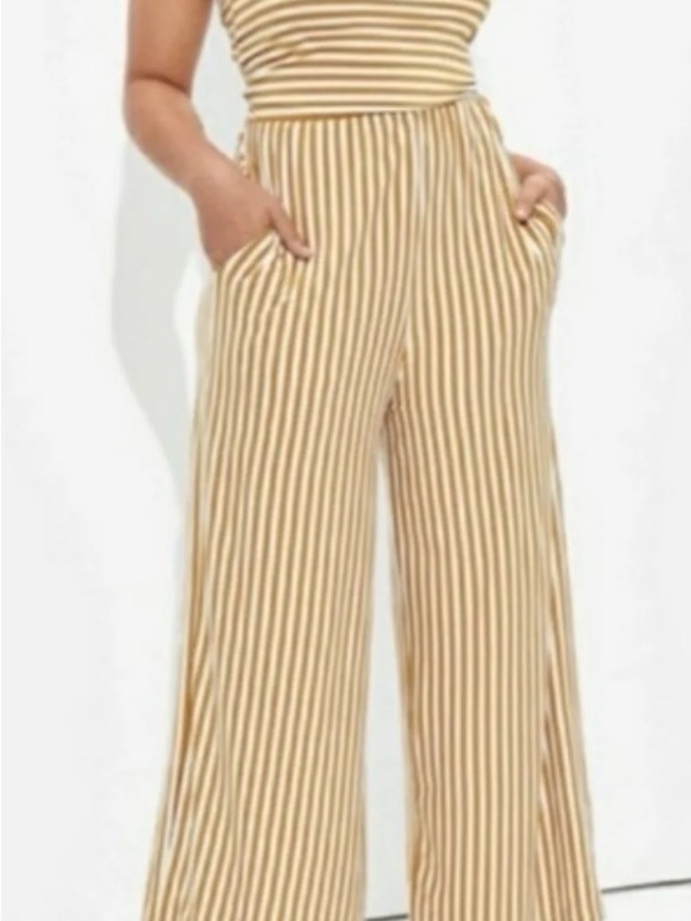 American Eagle Outfitters Beige & White Striped Wide-Leg Jumpsuit Pants